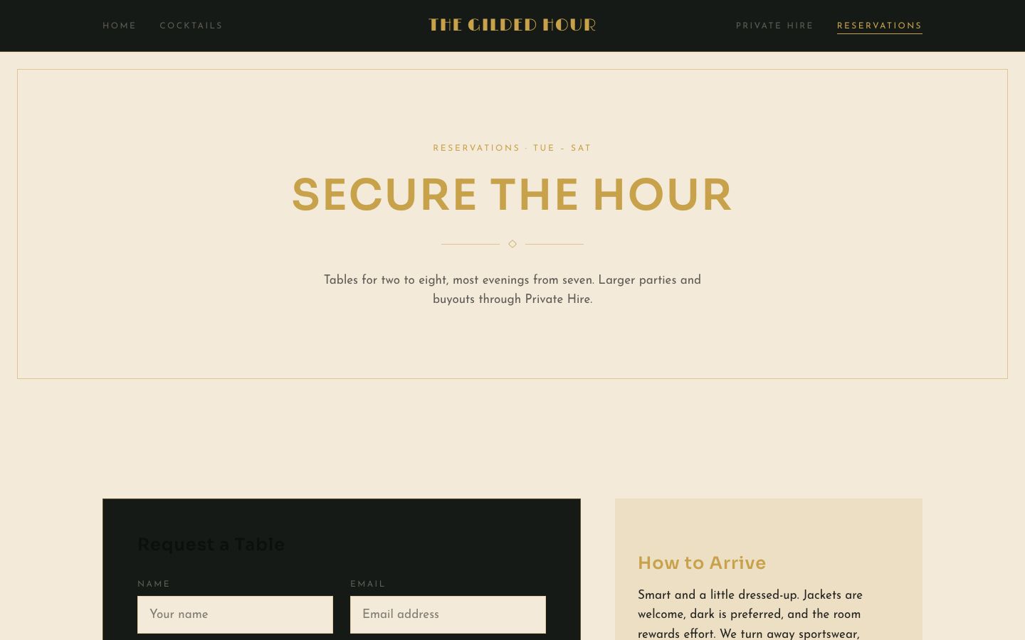 Cocktail Bar Website Template — reservations page screenshot