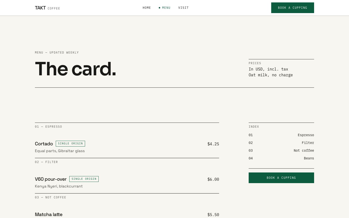Coffee Shop Website Template — menu page screenshot