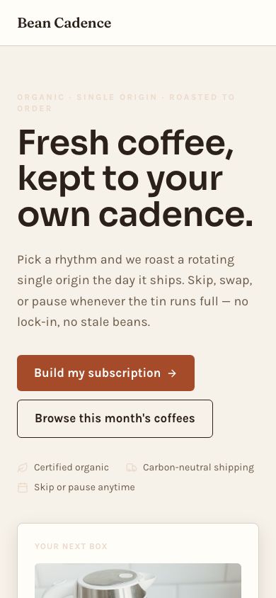 Coffee Subscription Website Template — responsive mobile layout