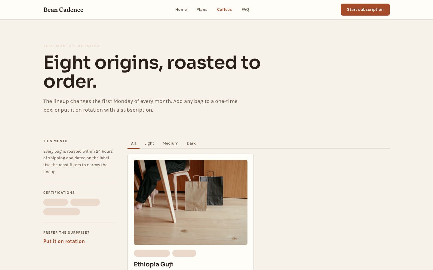 Coffee Subscription Website Template — coffees page screenshot