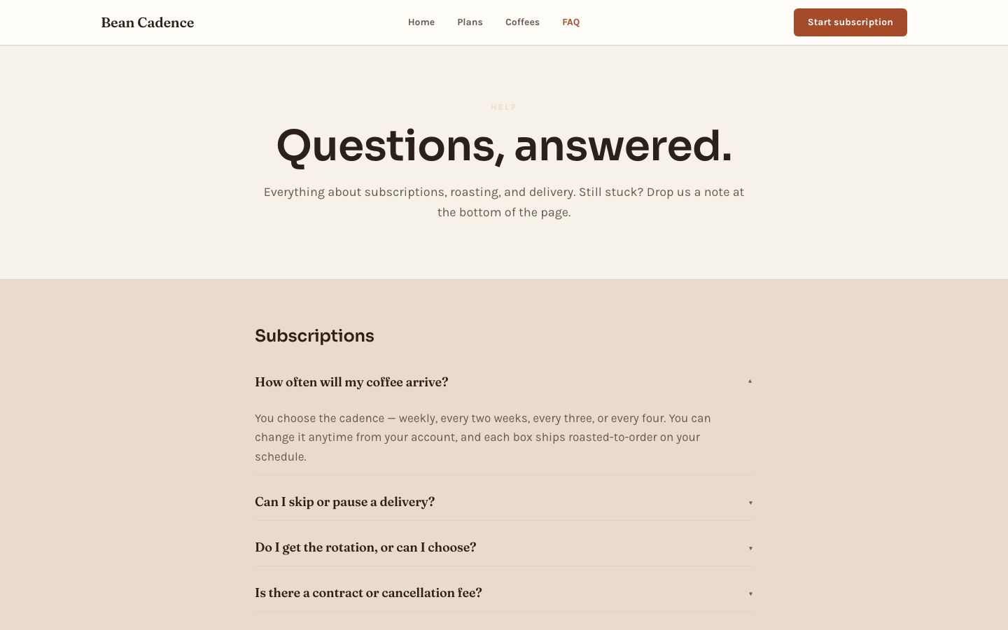Coffee Subscription Website Template — faq page screenshot
