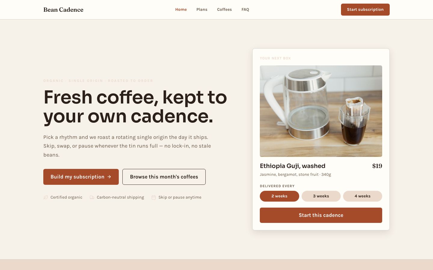 Coffee Subscription Website Template — home page screenshot