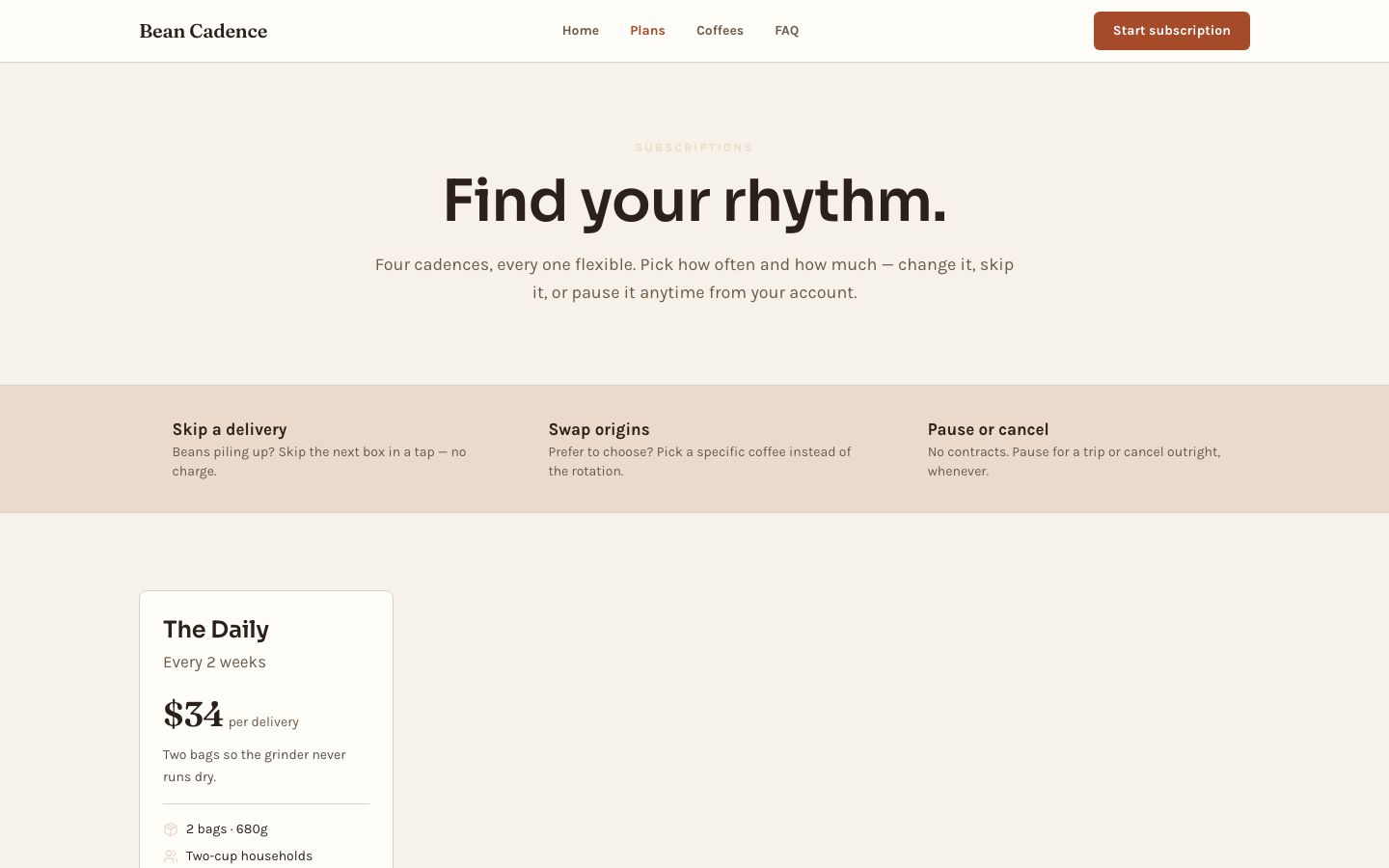 Coffee Subscription Website Template — plans page screenshot