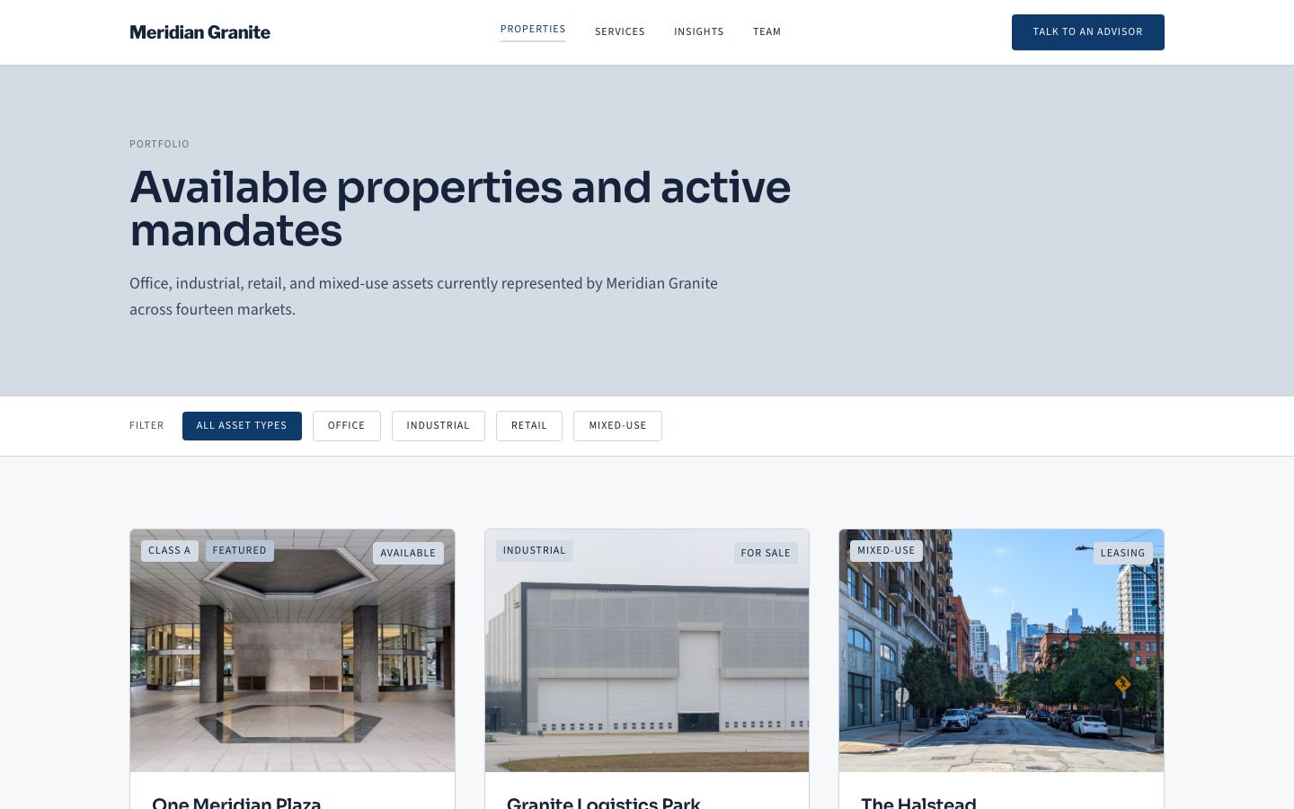 Commercial Real Estate Website — properties page screenshot