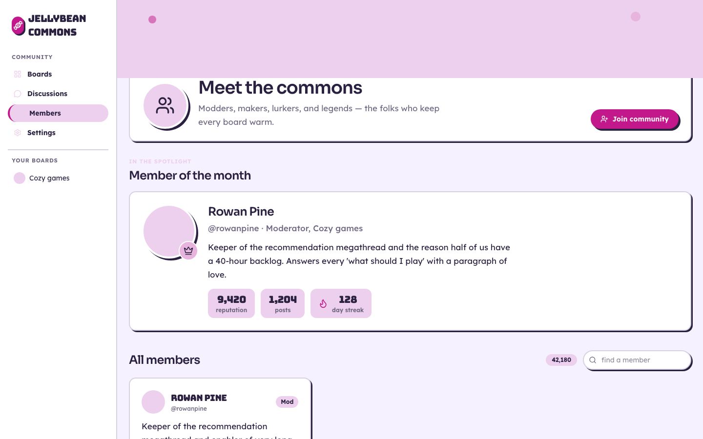 Community Forum UI Template — members page screenshot