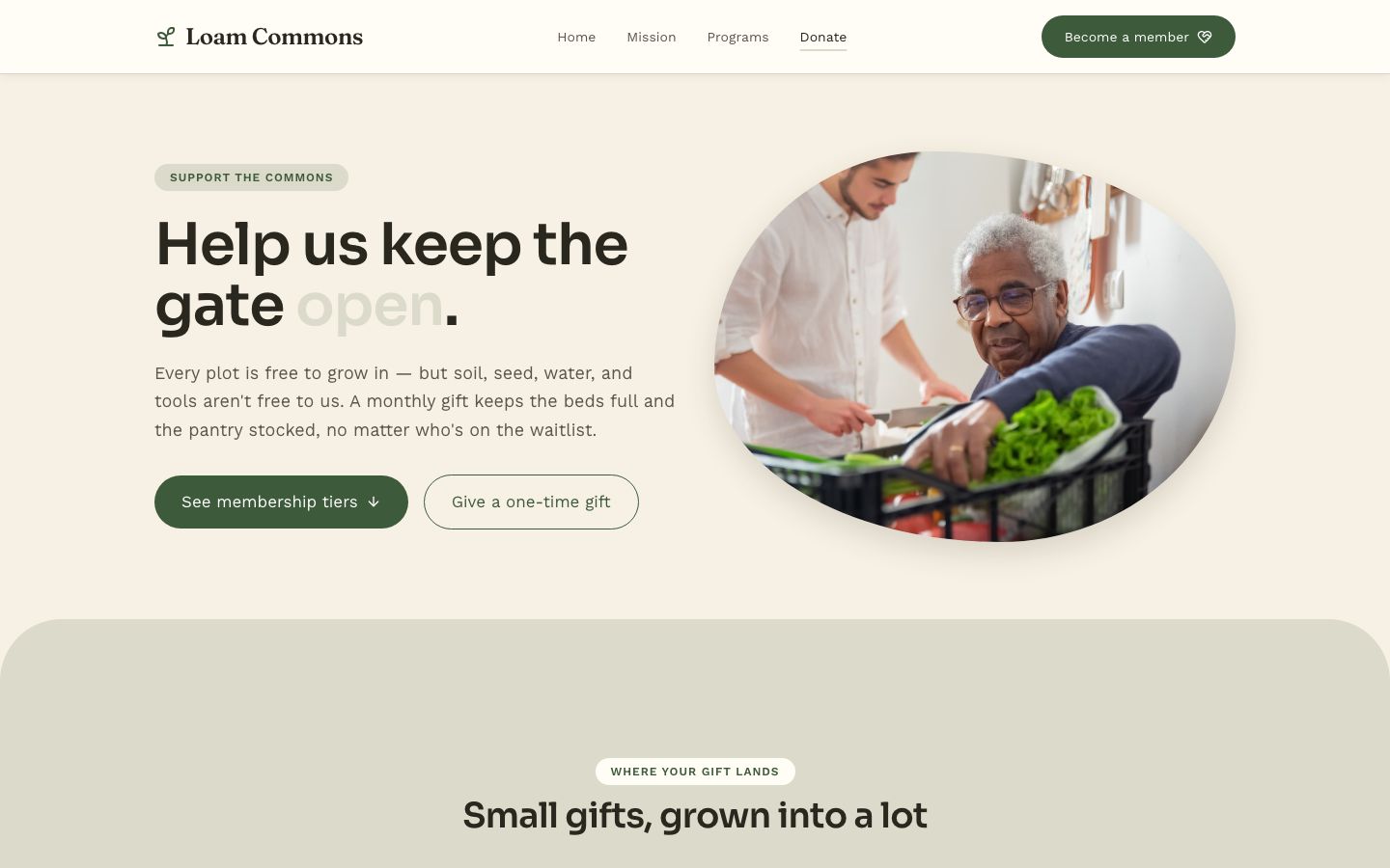Community Garden Website Template — donate page screenshot