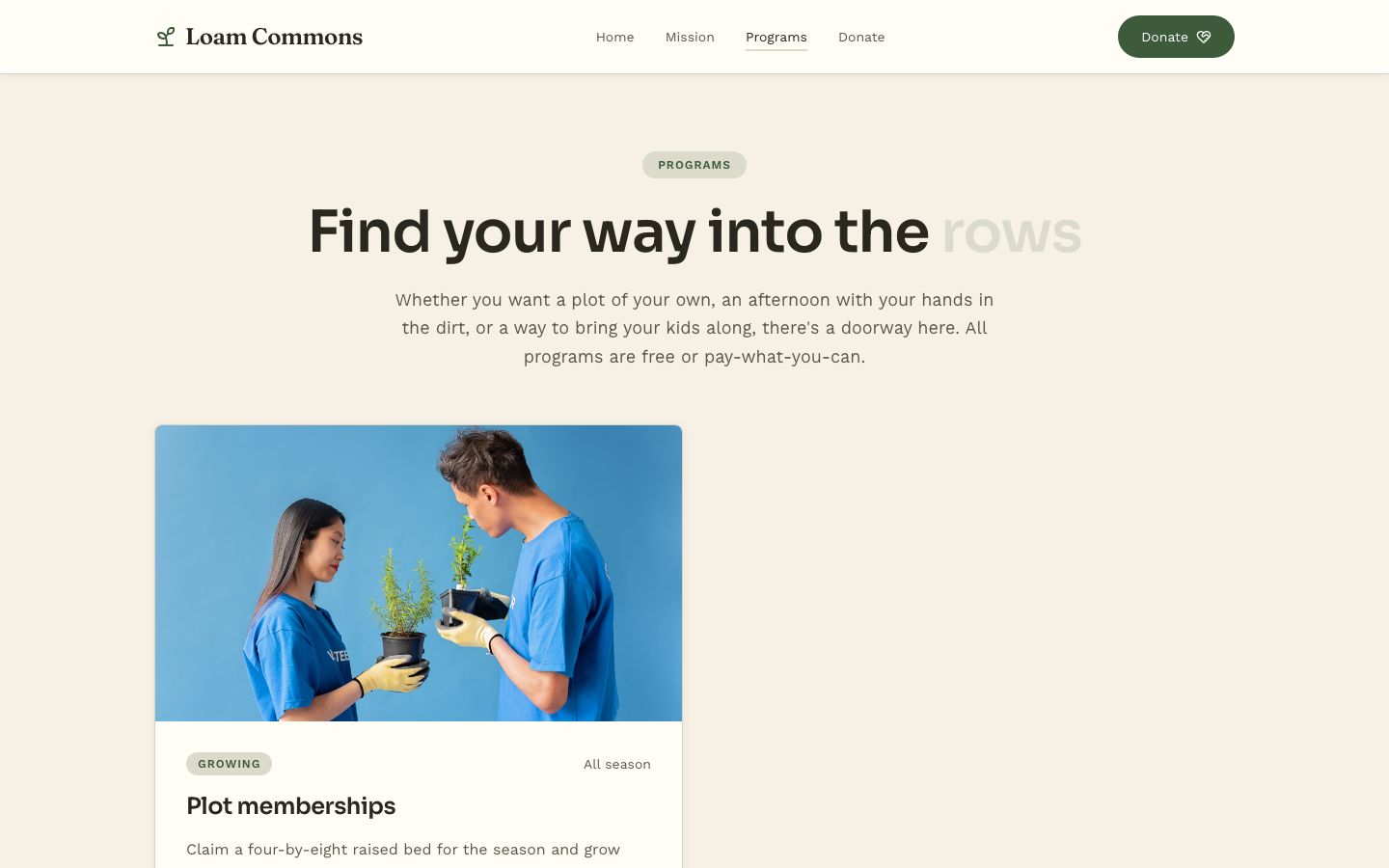 Community Garden Website Template — programs page screenshot
