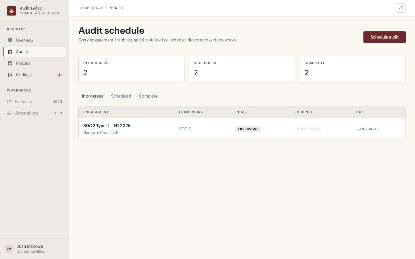 Compliance Dashboard Template — audits page screenshot
