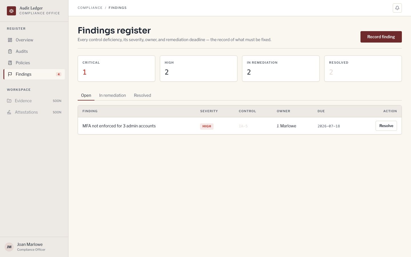 Compliance Dashboard Template — findings page screenshot