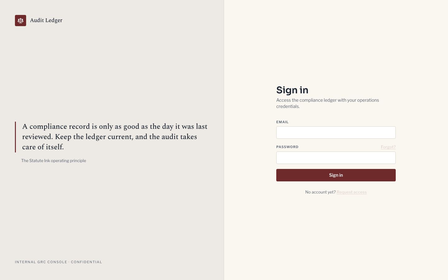 Compliance Dashboard Template — login page screenshot