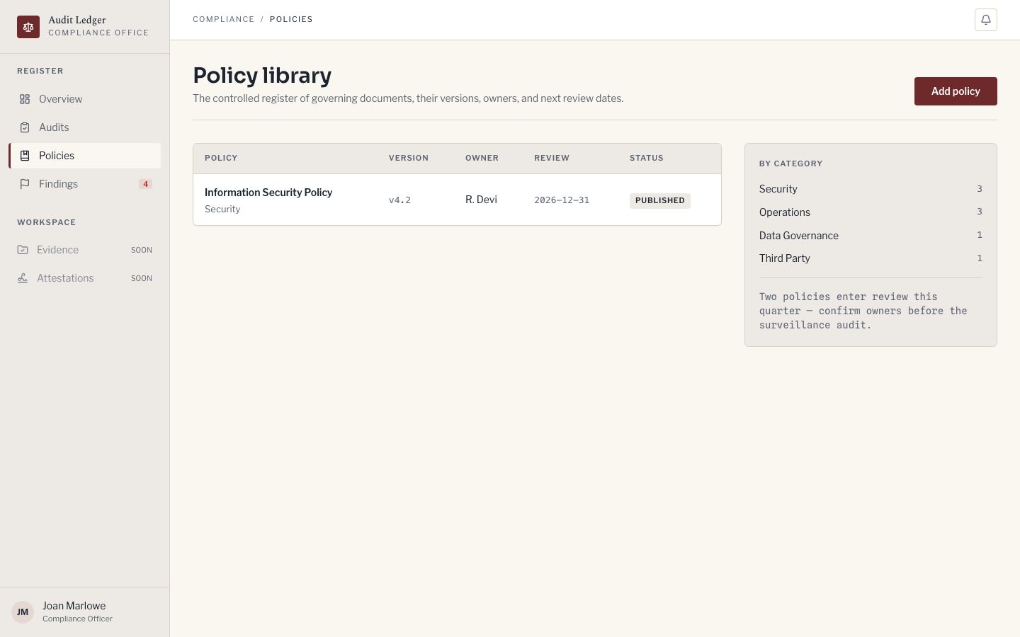 Compliance Dashboard Template — policies page screenshot