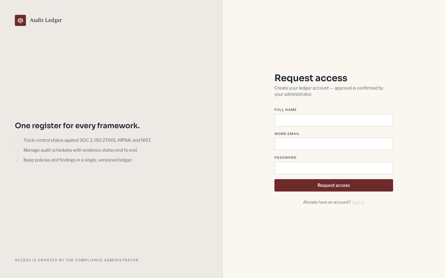 Compliance Dashboard Template — signup page screenshot