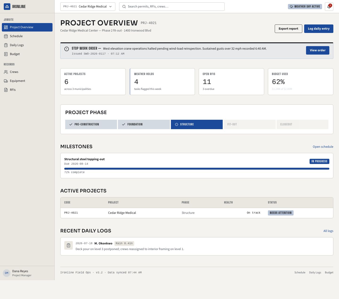 Construction Management Dashboard — full page preview