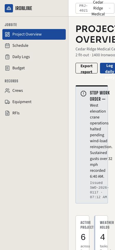 Construction Management Dashboard — responsive mobile layout