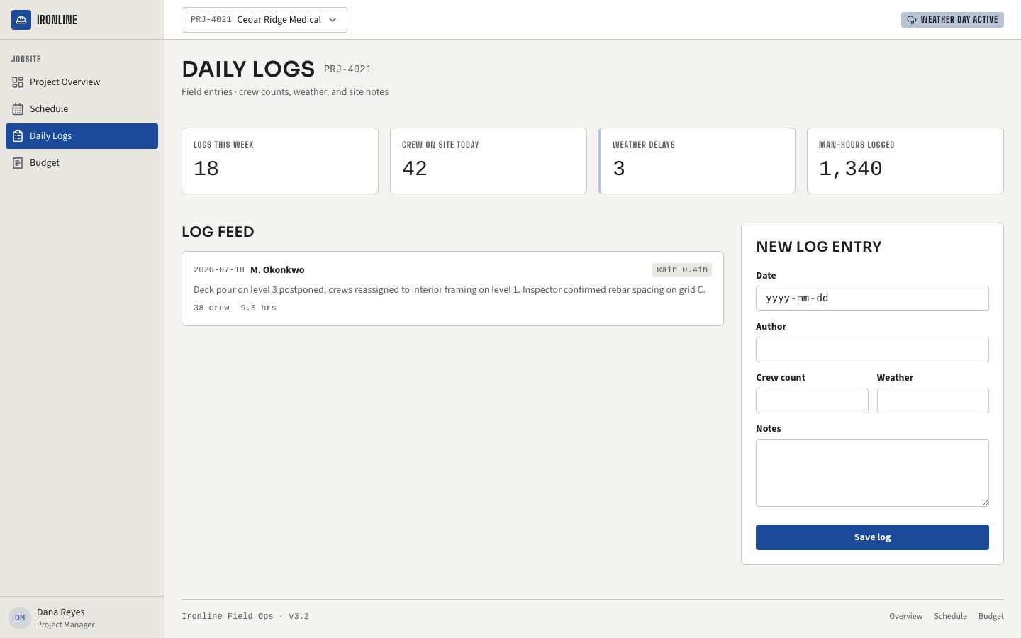 Construction Management Dashboard — daily logs page screenshot