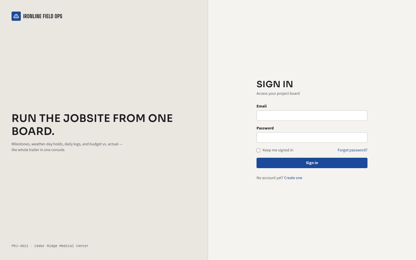 Construction Management Dashboard — login page screenshot
