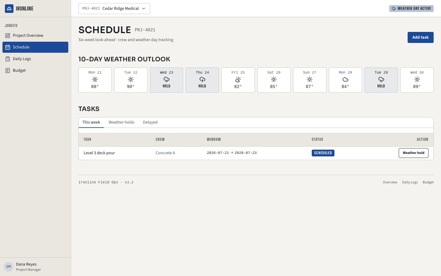 Construction Management Dashboard — schedule page screenshot