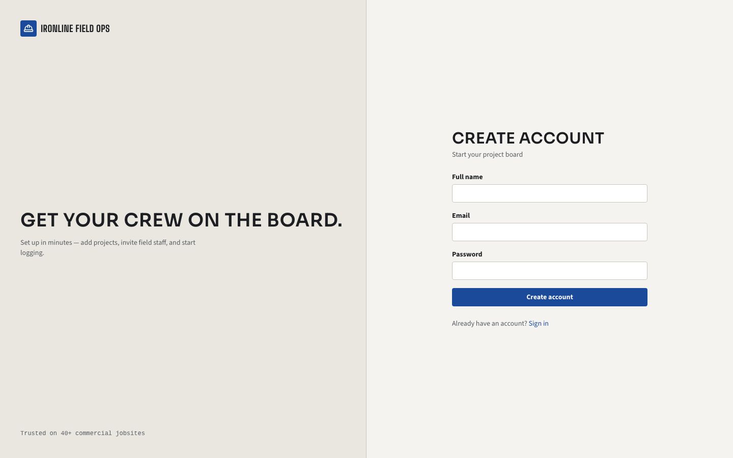 Construction Management Dashboard — signup page screenshot