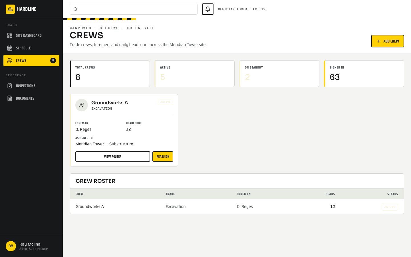 Construction PM Template — crews page screenshot