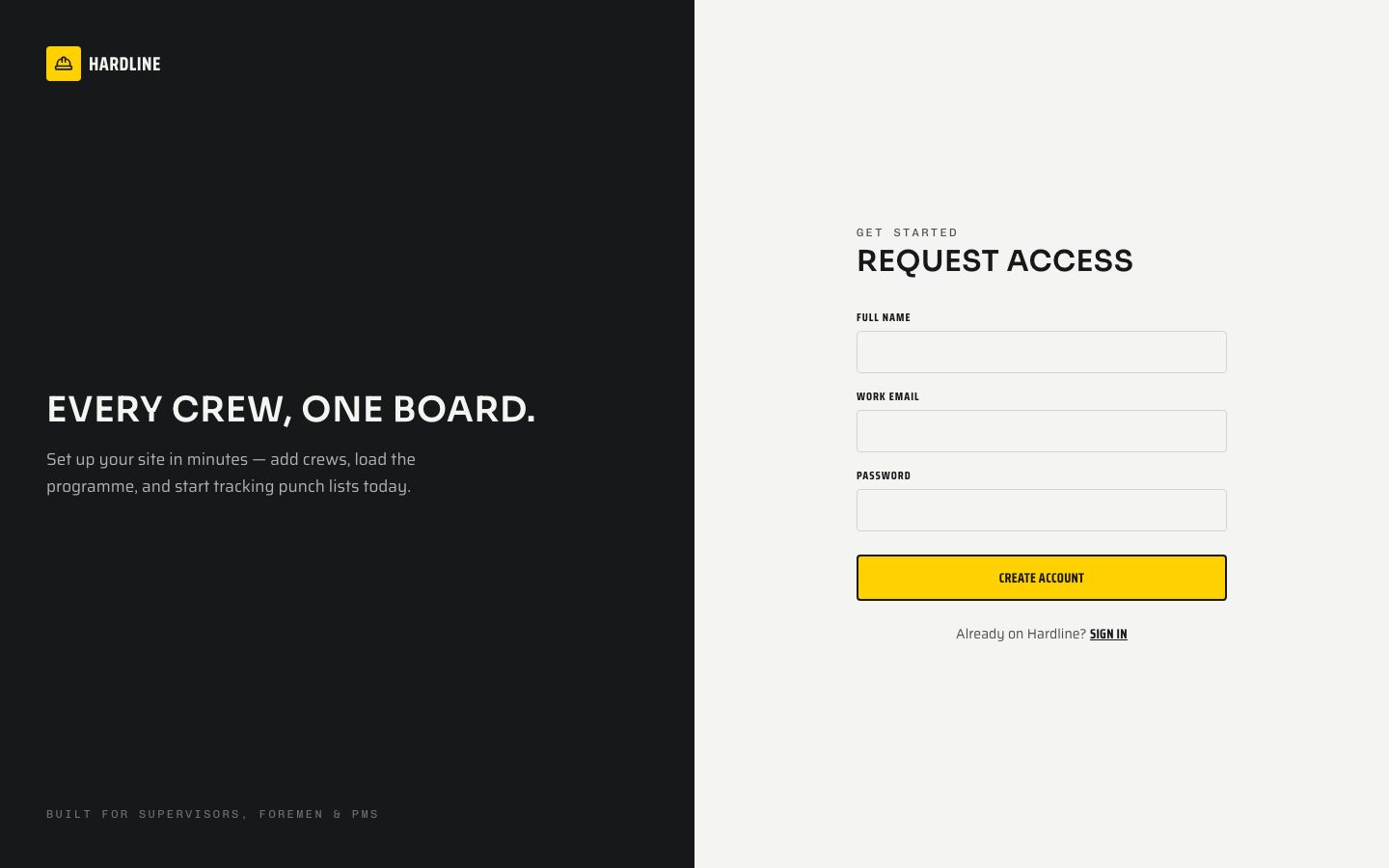 Construction PM Template — signup page screenshot