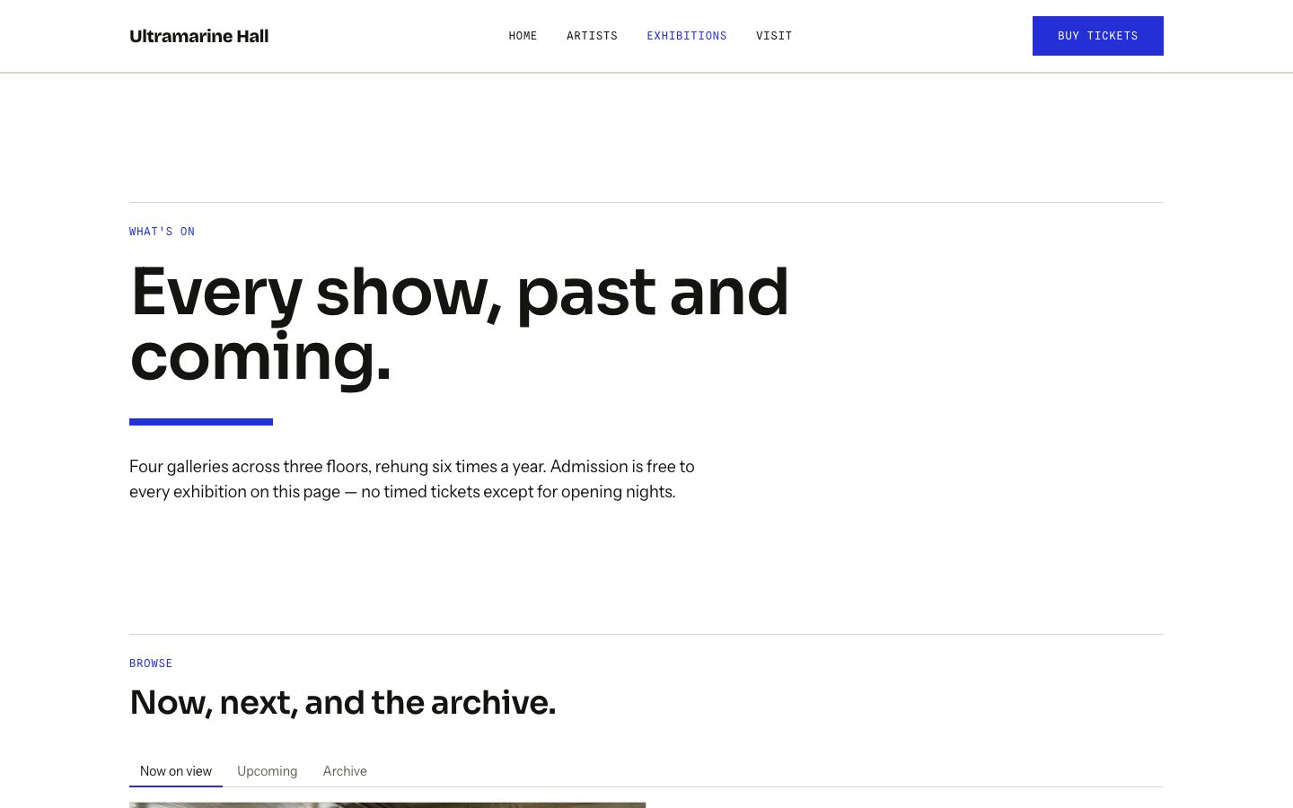 Art Gallery Website Template — exhibitions page screenshot