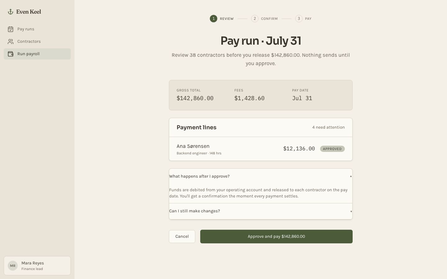 Contractor Payments Dashboard — payrun page screenshot