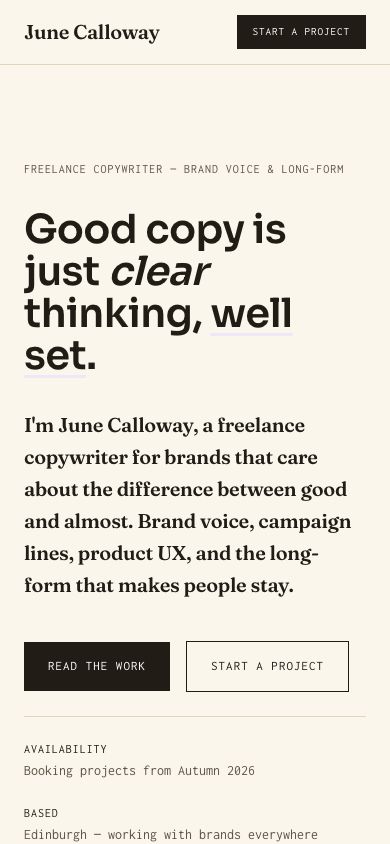 Copywriter Portfolio Template — responsive mobile layout