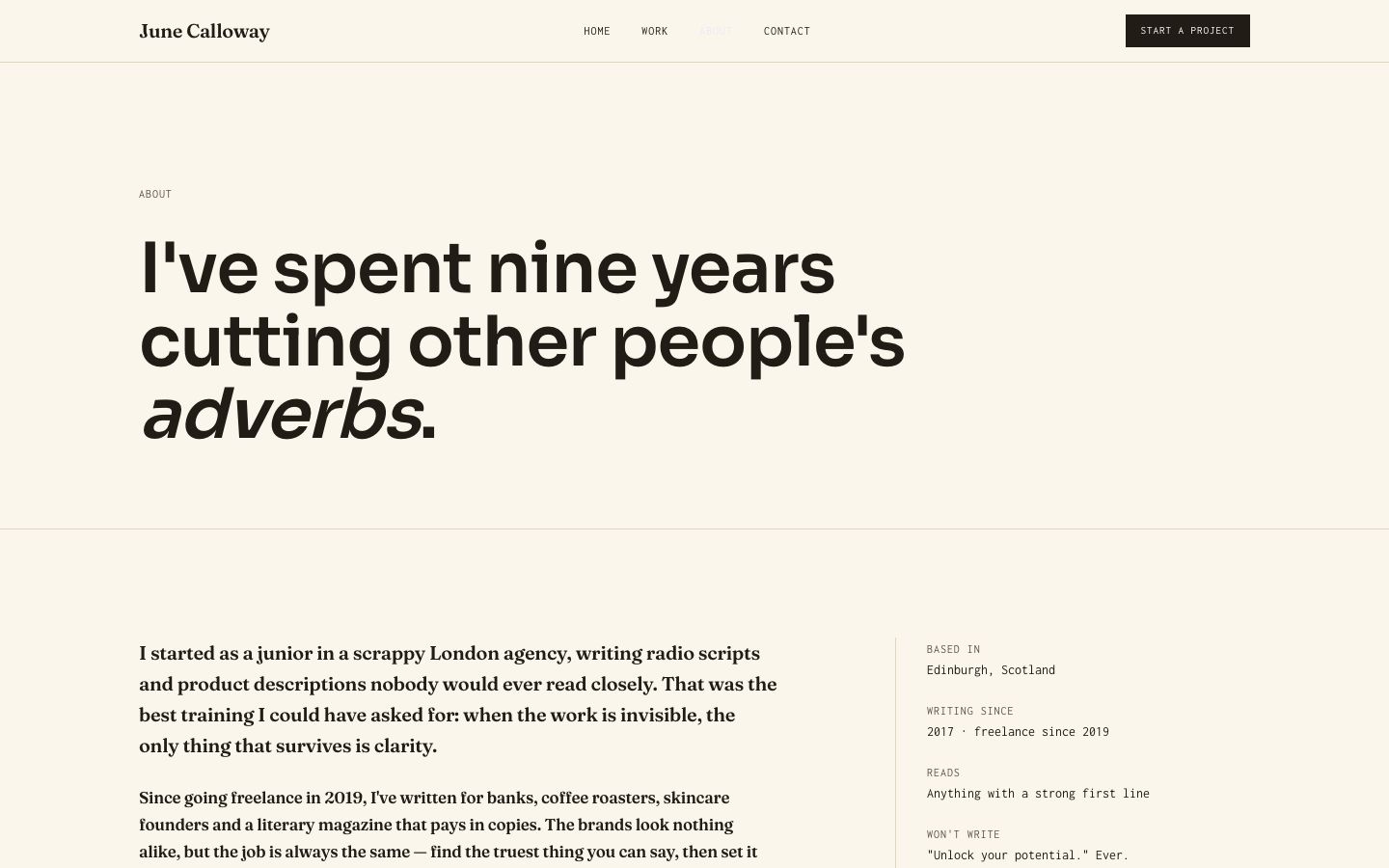 Copywriter Portfolio Template — about page screenshot