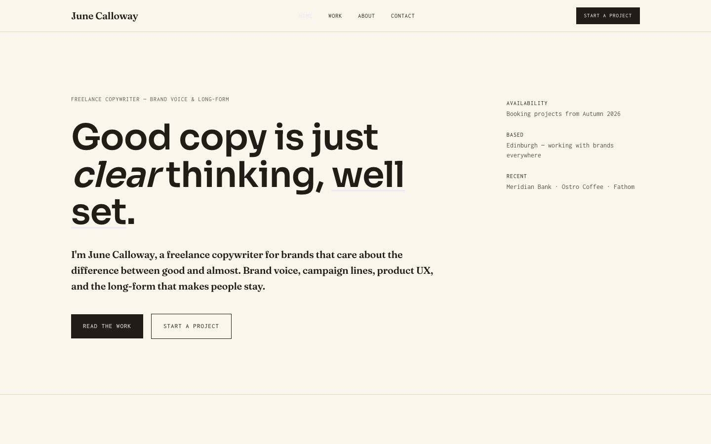 Copywriter Portfolio Template — home page screenshot