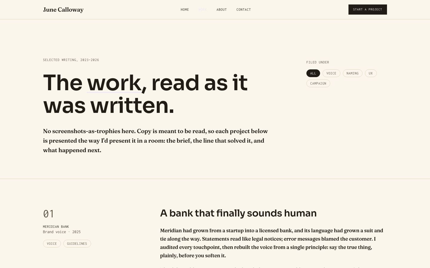Copywriter Portfolio Template — work page screenshot