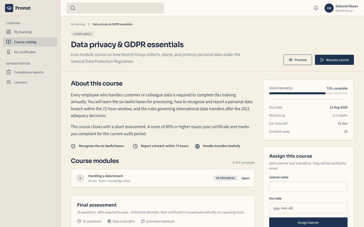 LMS Dashboard Template — course page screenshot
