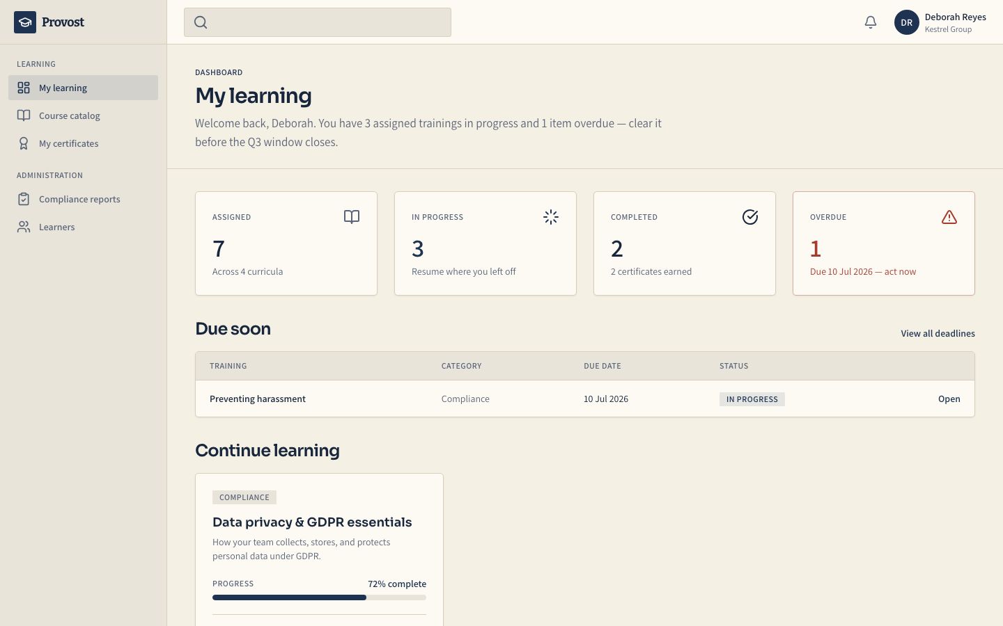LMS Dashboard Template — home page screenshot