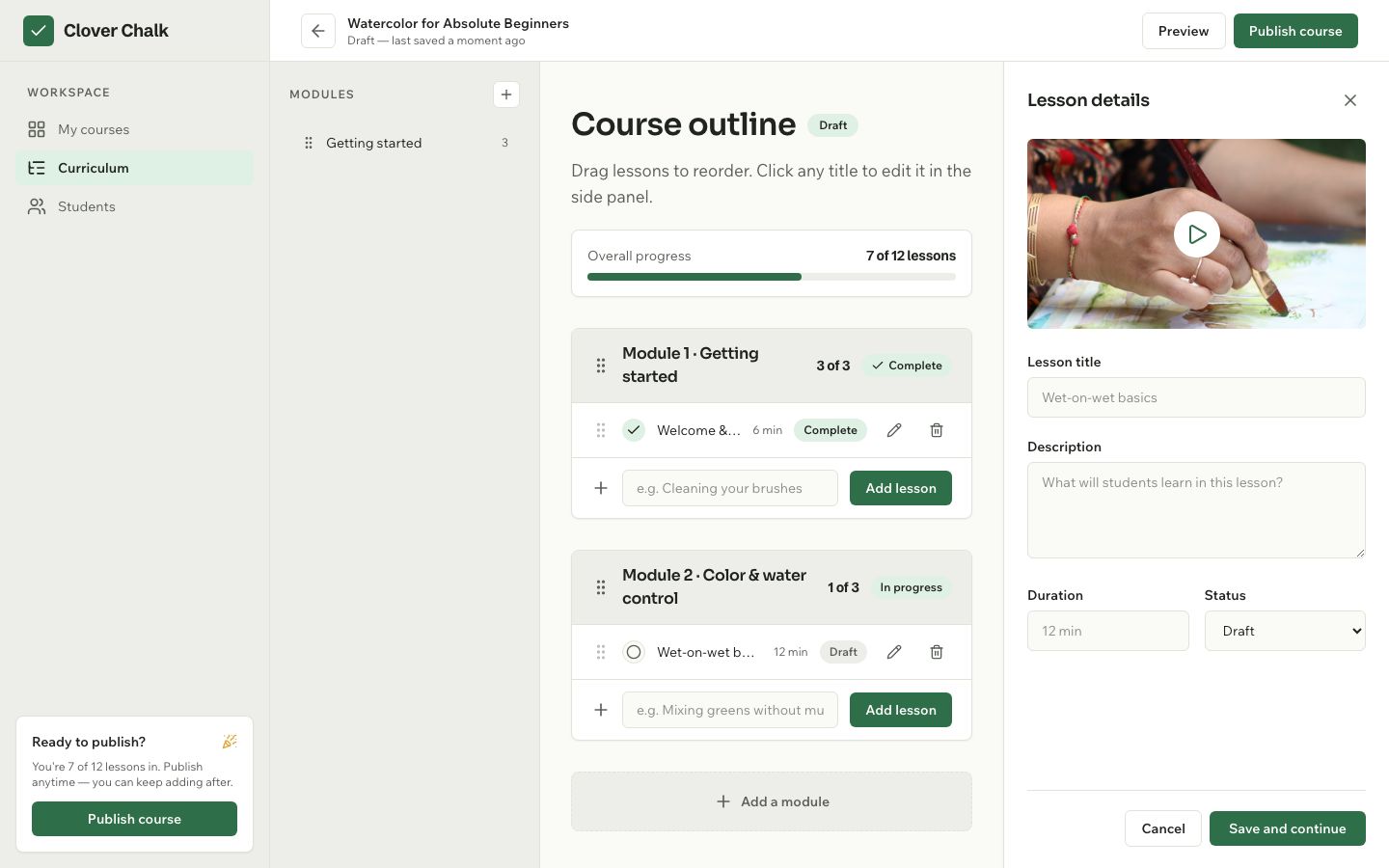 Course Builder UI Template — curriculum page screenshot