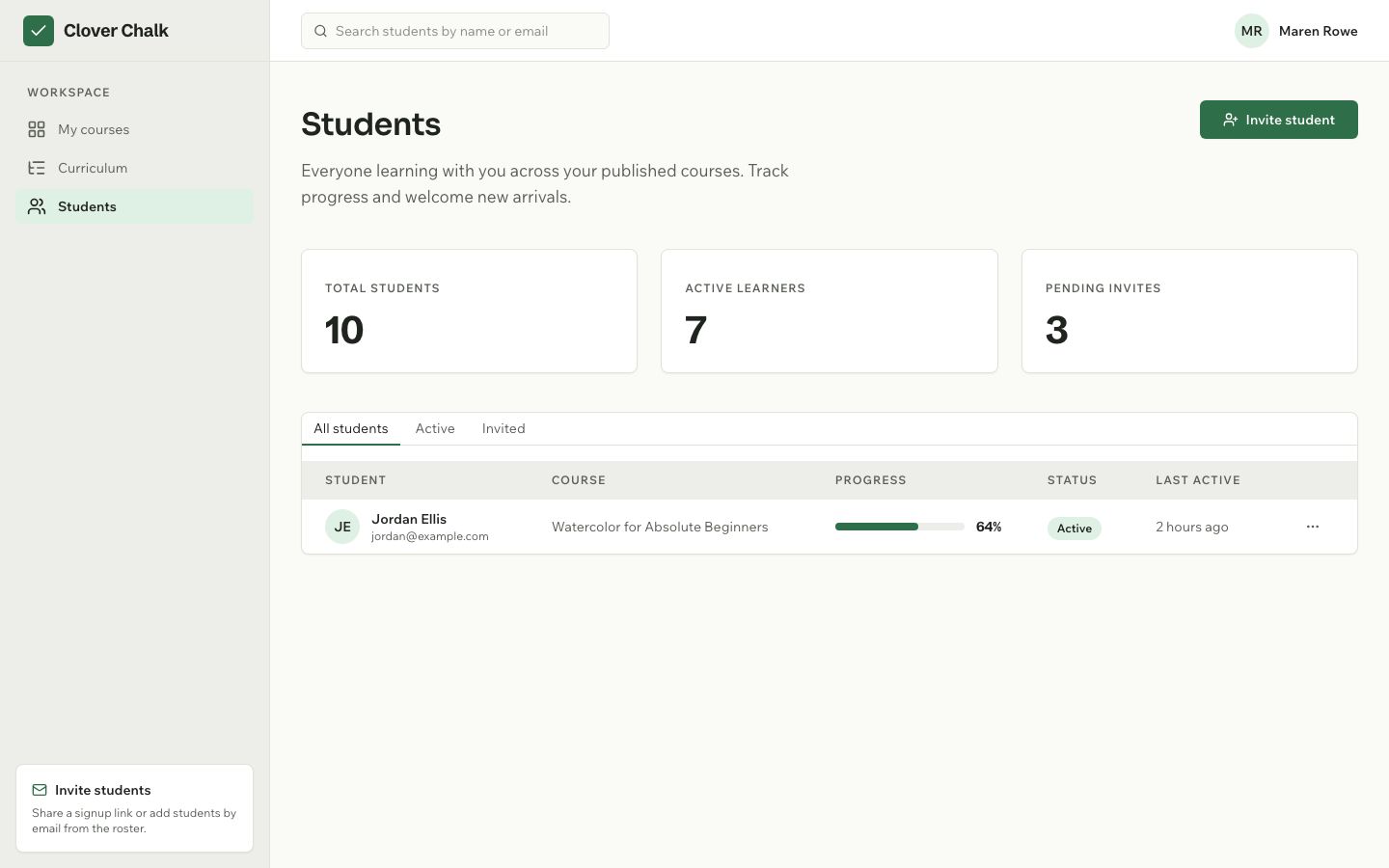 Course Builder UI Template — students page screenshot