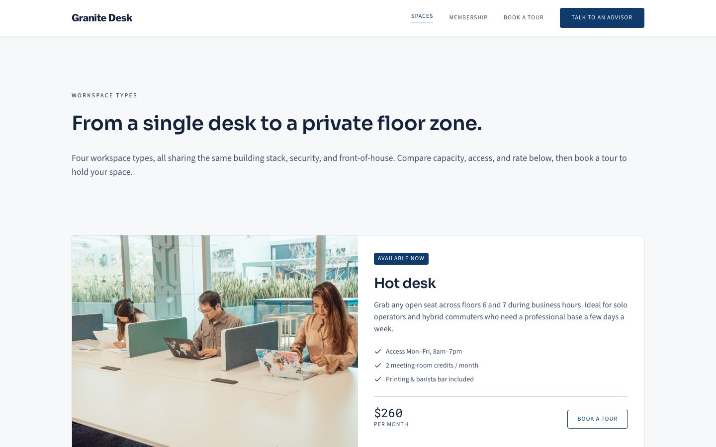 Coworking Space Website Template — spaces page screenshot