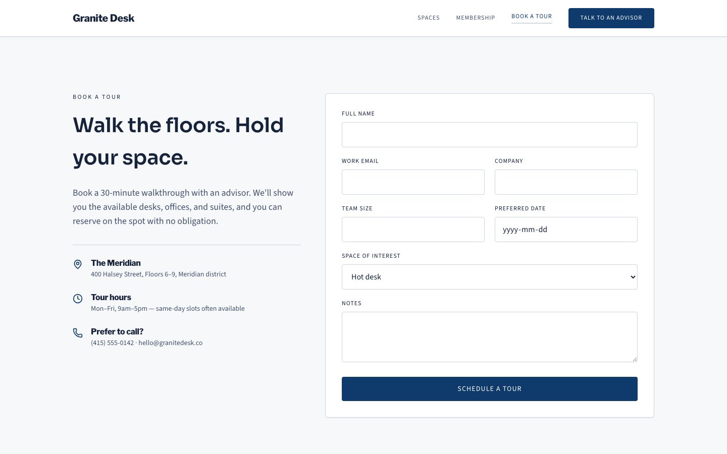 Coworking Space Website Template — tour page screenshot