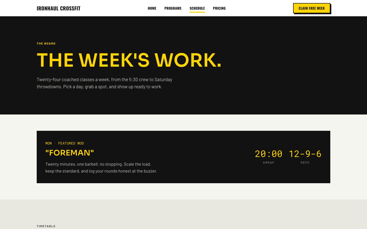 CrossFit Gym Website Template — schedule page screenshot