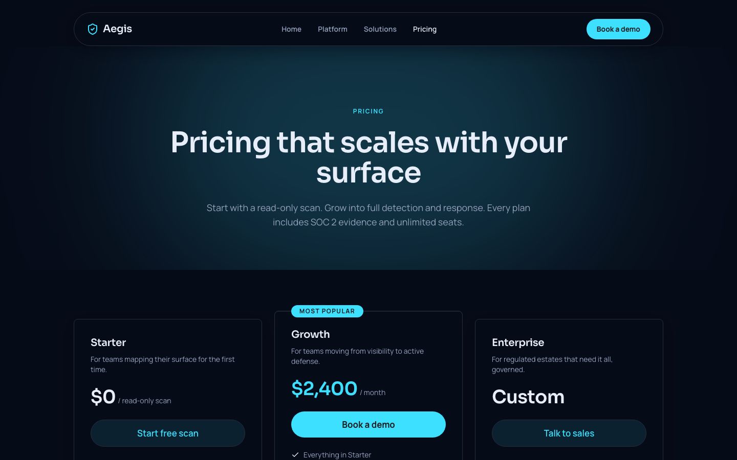Cybersecurity Website Template — pricing page screenshot