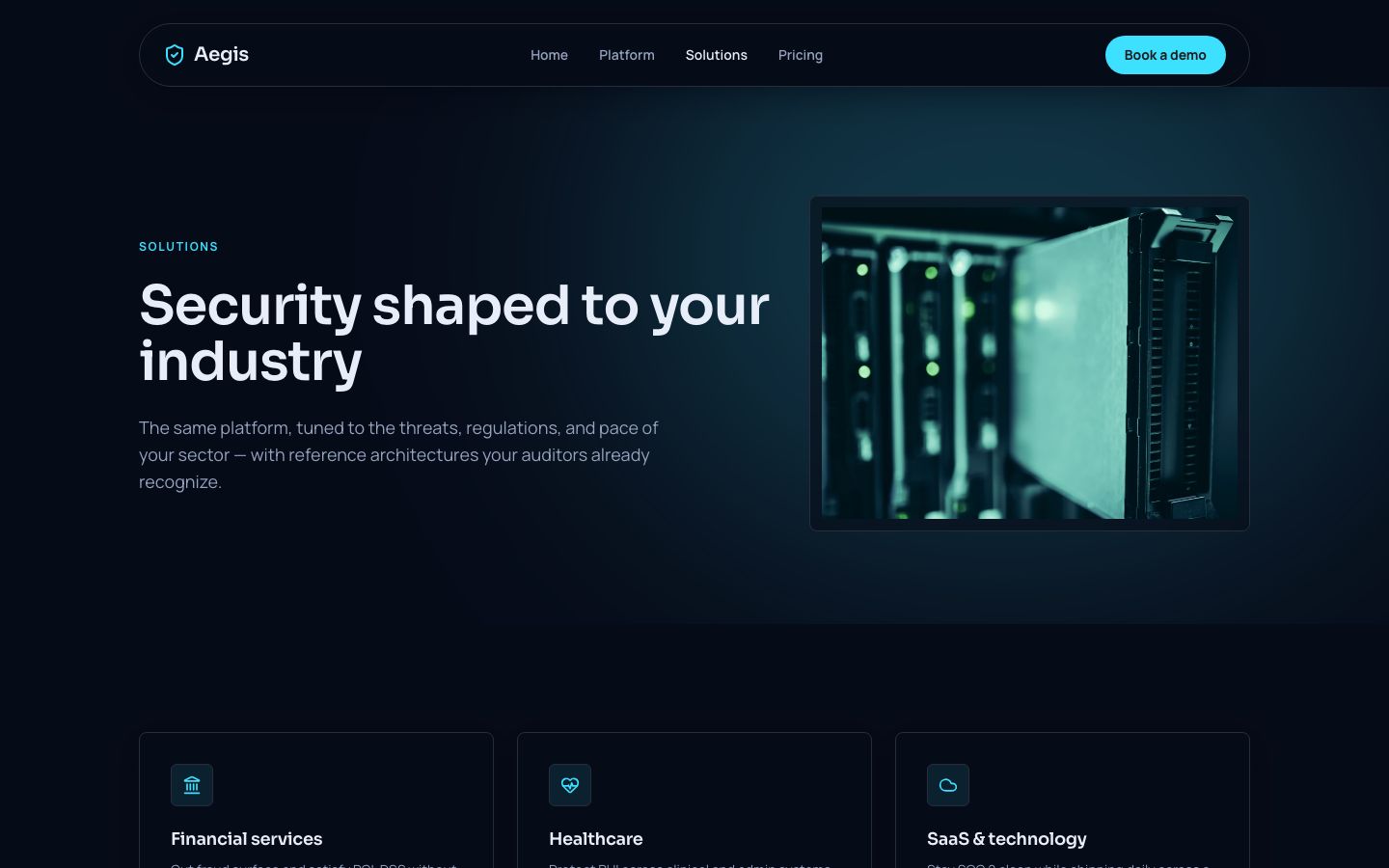 Cybersecurity Website Template — solutions page screenshot