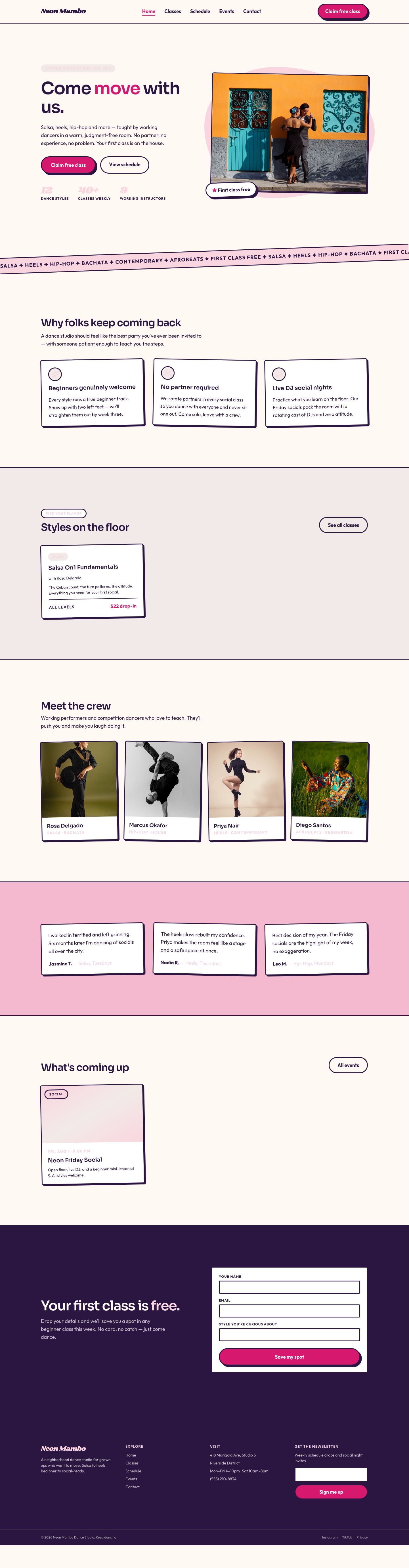Dance Studio Website Template — full page preview