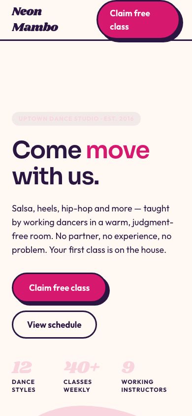 Dance Studio Website Template — responsive mobile layout