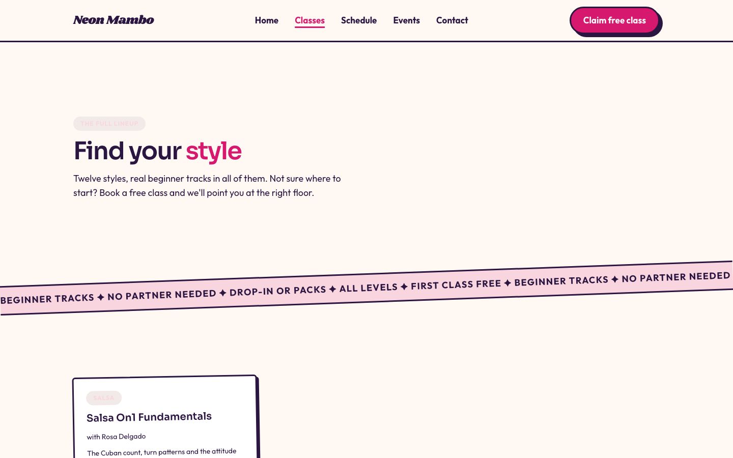 Dance Studio Website Template — classes page screenshot