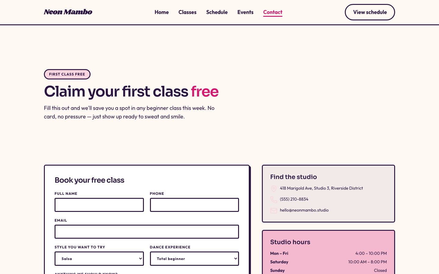 Dance Studio Website Template — contact page screenshot