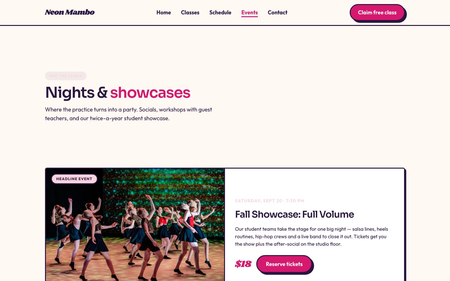 Dance Studio Website Template — events page screenshot
