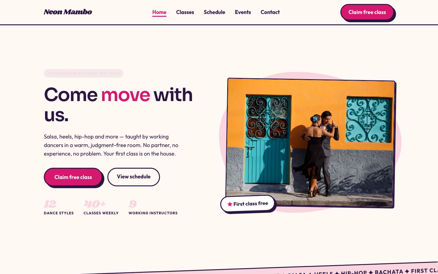 Dance Studio Website Template — home page screenshot