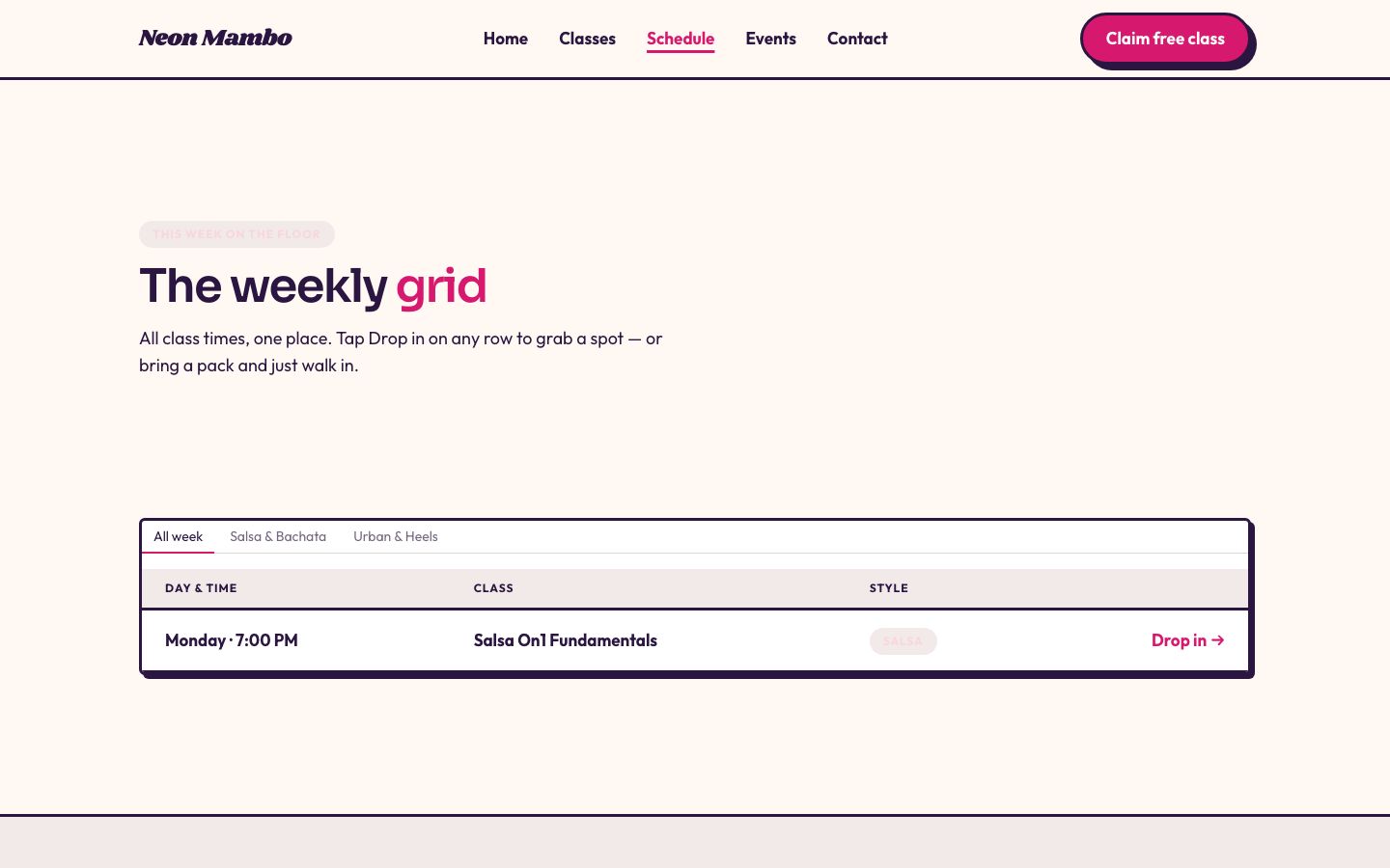 Dance Studio Website Template — schedule page screenshot