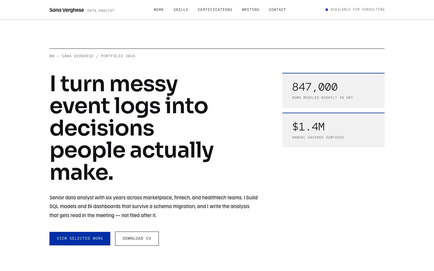 Data Analyst Portfolio Template — home page screenshot