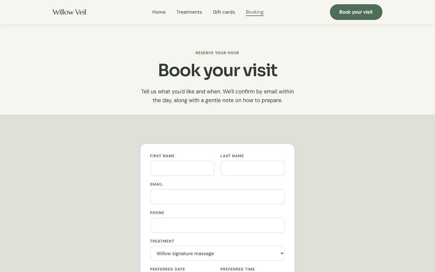 Day Spa Website Template — booking page screenshot