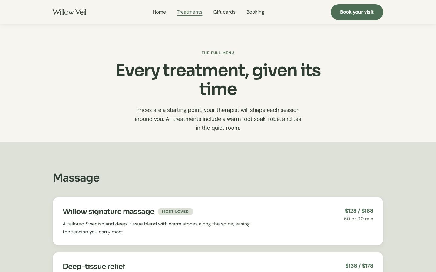 Day Spa Website Template — treatments page screenshot