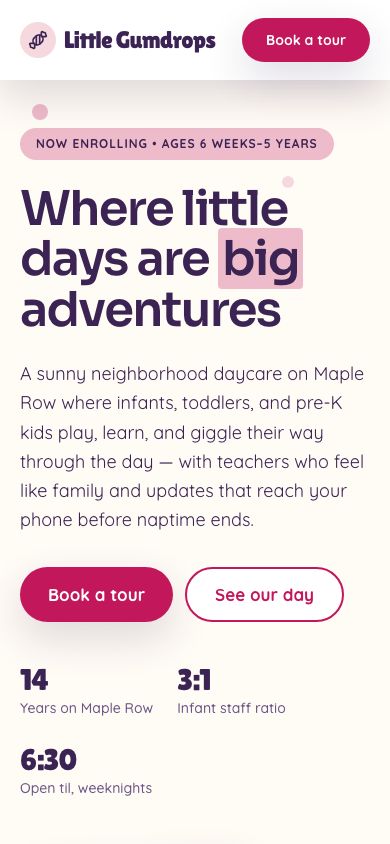 Daycare Website Template — responsive mobile layout